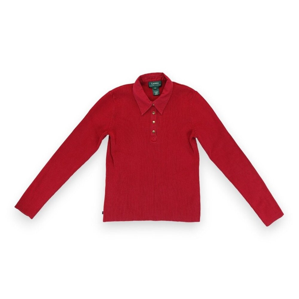 Lauren Ralph Lauren Womens Sweatshirt Top Size S Red Long Sleeve Collared Snap